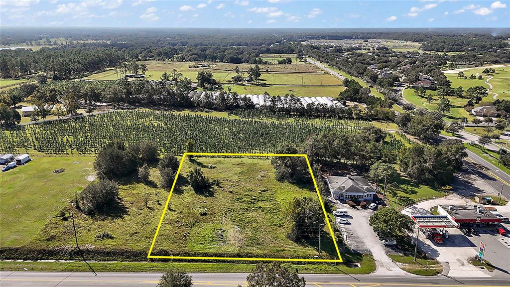 An aerial view shows a rectangular vacant lot outlined in yellow next to a gas station — SR-44, SORRENTO, FL