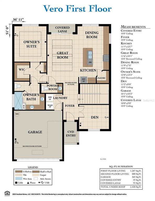 This floor plan shows the first level of a house with a garage and den — 120 BEACHVIEW DRIVE, ORMOND BEACH, FL