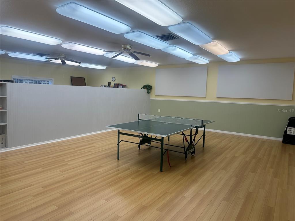 A game room features a ping pong table, wood-look flooring, and multiple ceiling light fixtures — 5881 SUNFLOWER ROAD, VENICE, FL