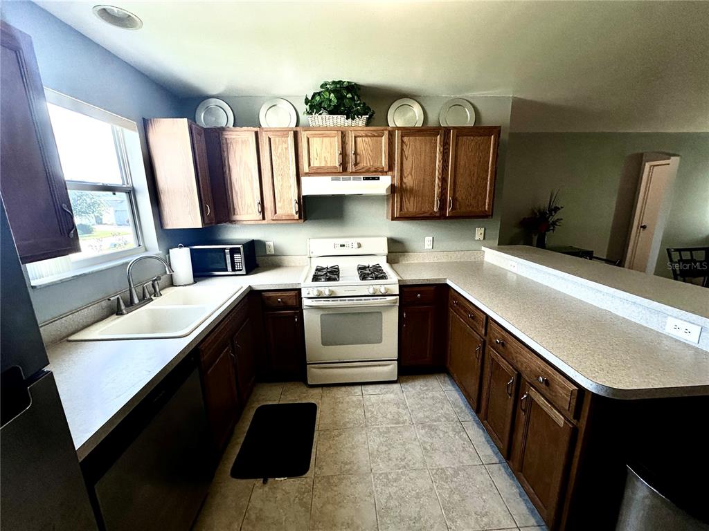 A kitchen features wood cabinets, white appliances, a double sink, and a breakfast bar — 8036 SE 175TH MALMAISON STREET, THE VILLAGES, FL