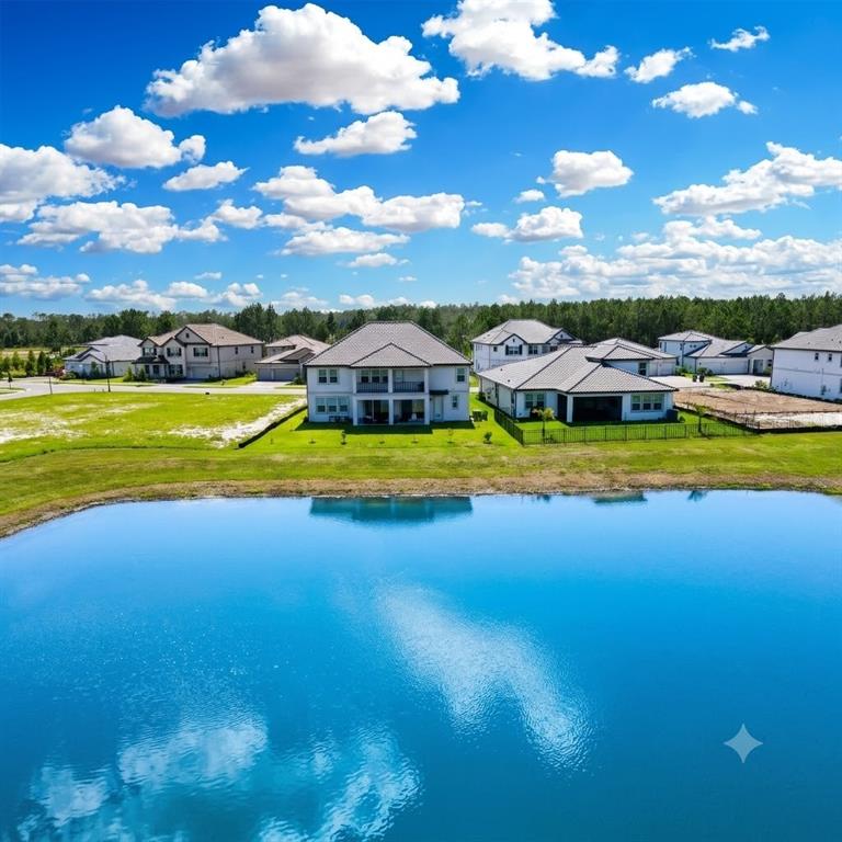An aerial view shows several suburban houses situated behind a large, blue retention pond — 1952 DRUMMOND POINT, WESLEY CHAPEL, FL