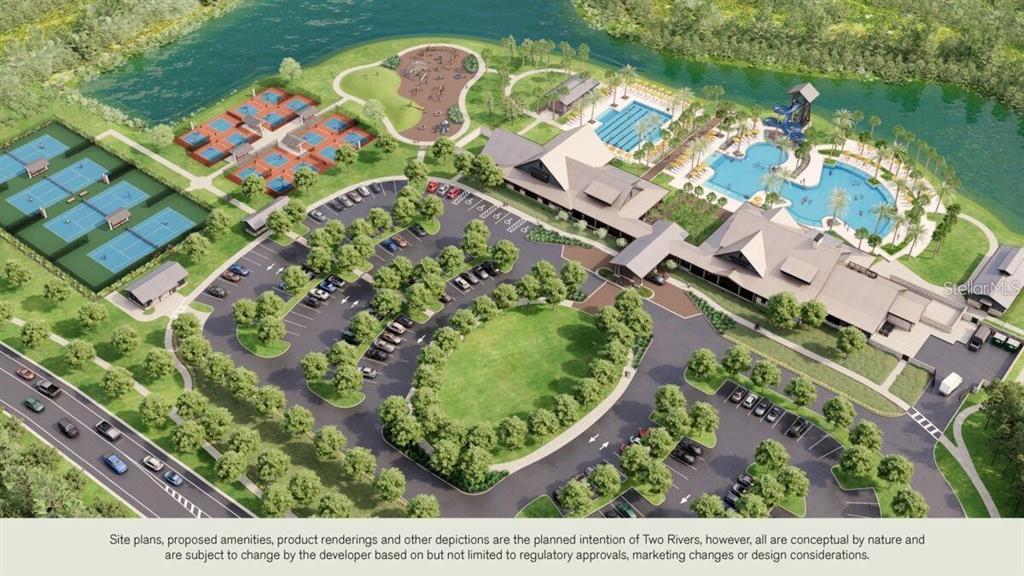 This architectural rendering shows a community amenity center with pools, tennis courts, and parking — 1952 DRUMMOND POINT, WESLEY CHAPEL, FL