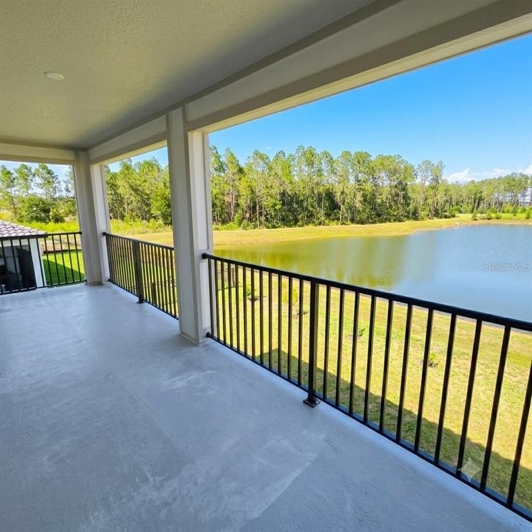 A covered balcony with black metal railings overlooks a pond and a line of trees — 1952 DRUMMOND POINT, WESLEY CHAPEL, FL