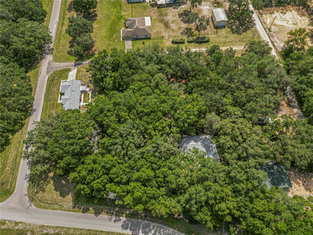 An aerial view shows a wooded residential lot with two houses and a small shed — TBD SW 136TH COURT RD, DUNNELLON, FL
