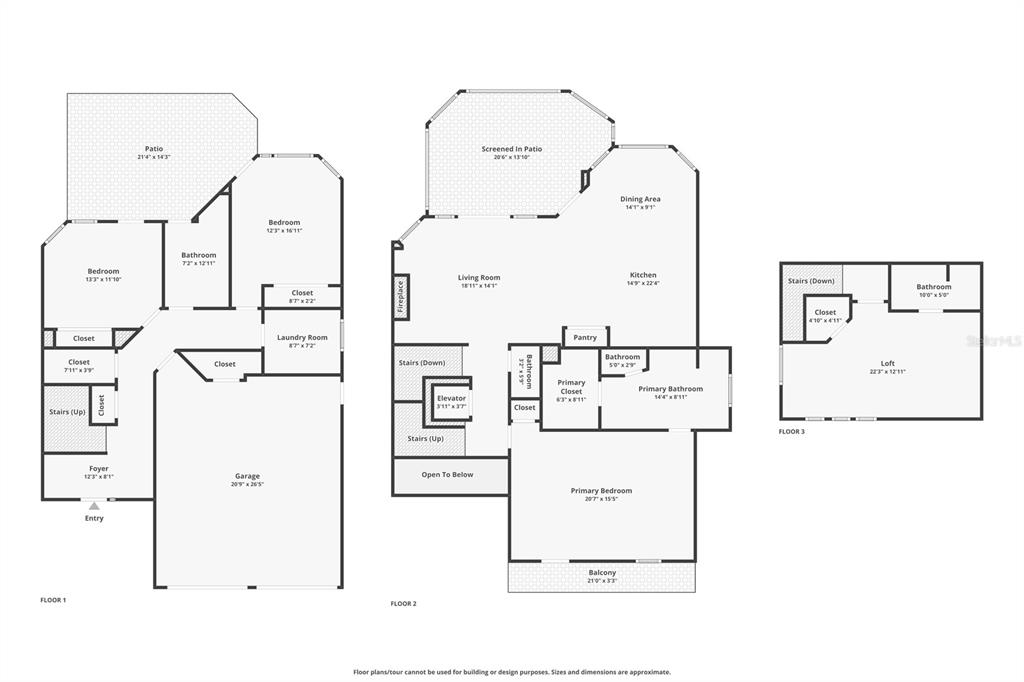 This floor plan shows a three-level home layout including bedrooms, bathrooms, a garage, and patios — 29 OAK VIEW CIRCLE E, PALM COAST, FL