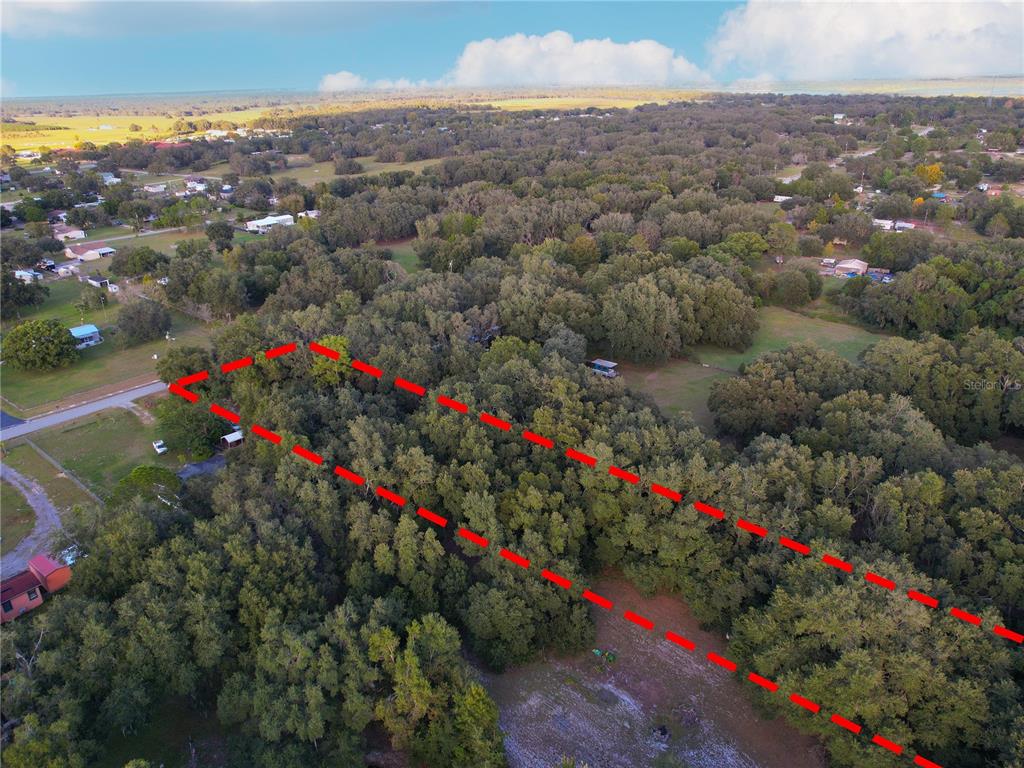An aerial view shows a wooded lot outlined in red within a residential area — TENNESSEE AVENUE, ASTATULA, FL