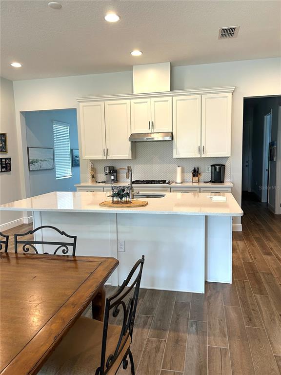 A kitchen features white cabinets, a large quartz-topped island, and wood-look tile flooring — 2042 KEY BAY TRAIL, KISSIMMEE, FL
