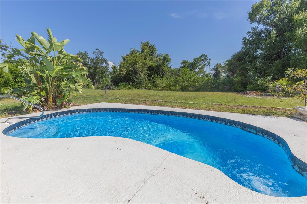 A kidney-shaped swimming pool sits in a backyard with a concrete deck and lush landscaping — 10453 GREENWAY AVENUE, ENGLEWOOD, FL