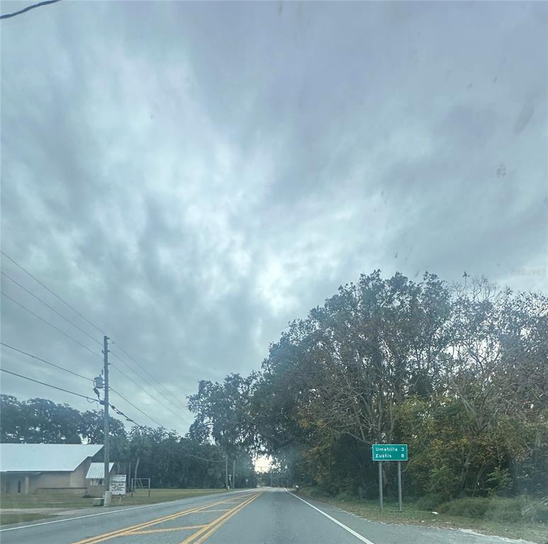 A road leads toward trees under a cloudy sky with a directional road sign — SR-19, ALTOONA, FL