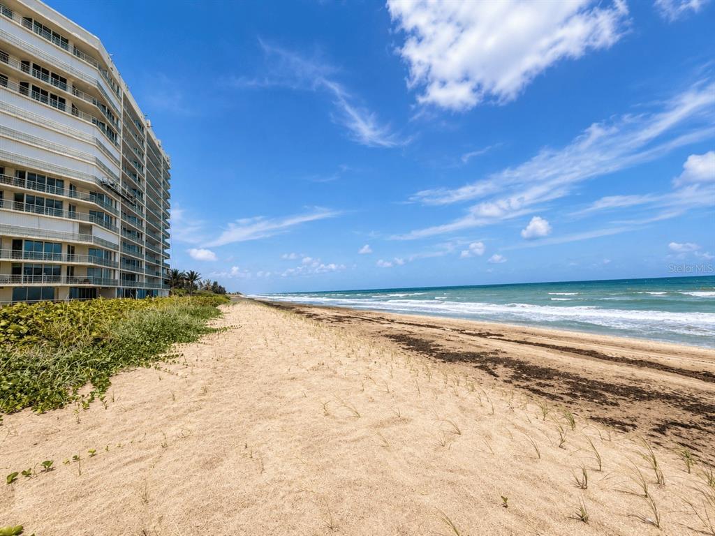 A tall residential building stands beside a sandy beach along the ocean under a blue sky — 8600 S OCEAN DRIVE UNIT 402, JENSEN BEACH, FL