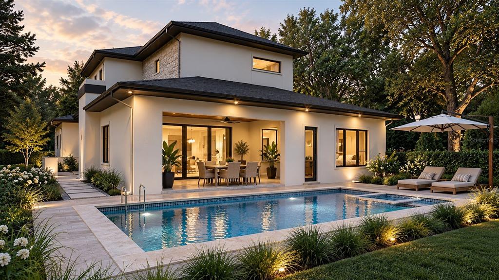 A modern two-story house with a swimming pool, patio, and outdoor seating at dusk — 2119 HOWARD DRIVE, WINTER PARK, FL