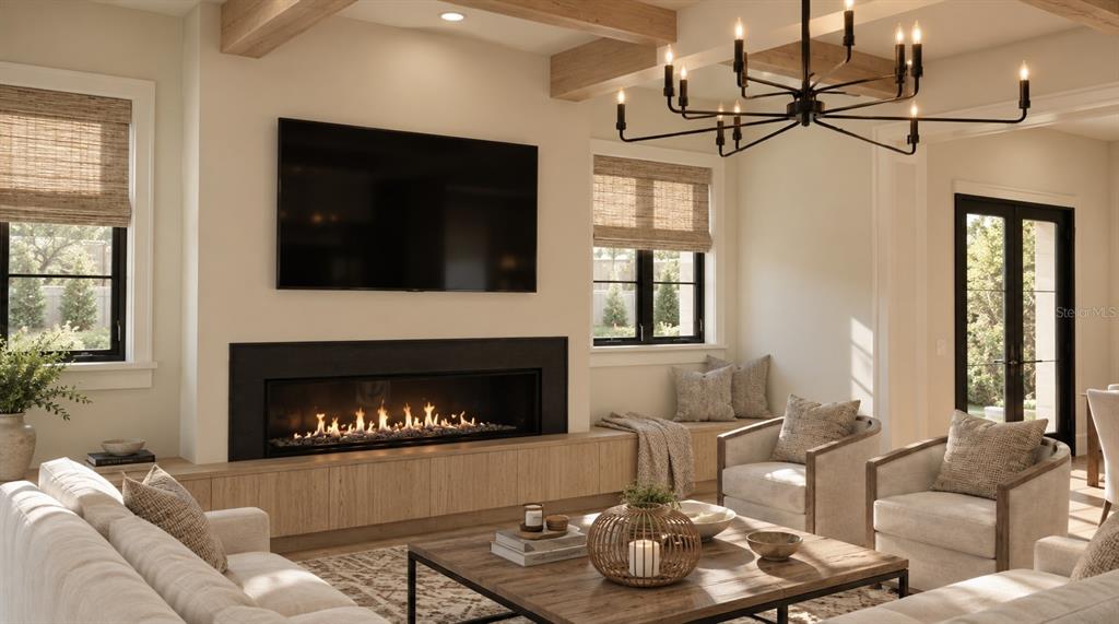 This rendering shows a living room with a linear fireplace, wood beams, and a chandelier — 2119 HOWARD DRIVE, WINTER PARK, FL