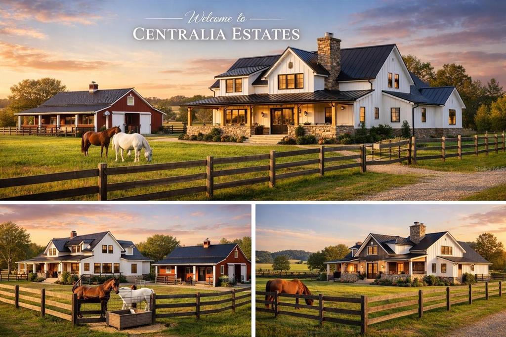 This rendering shows a white farmhouse and a red barn on a grassy estate — 0 CENTRALIA (LOT 7) ROAD, BROOKSVILLE, FL