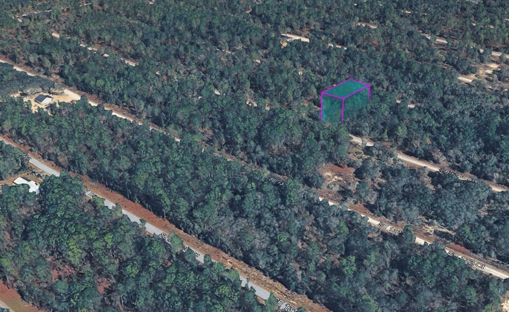 An aerial view shows a rectangular plot of land highlighted in purple amidst a wooded area — 43 SE 133RD AVENUE, DUNNELLON, FL