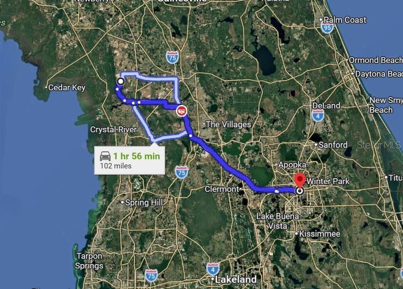 This is a map showing a driving route between two points in central Florida — 43 SE 133RD AVENUE, DUNNELLON, FL