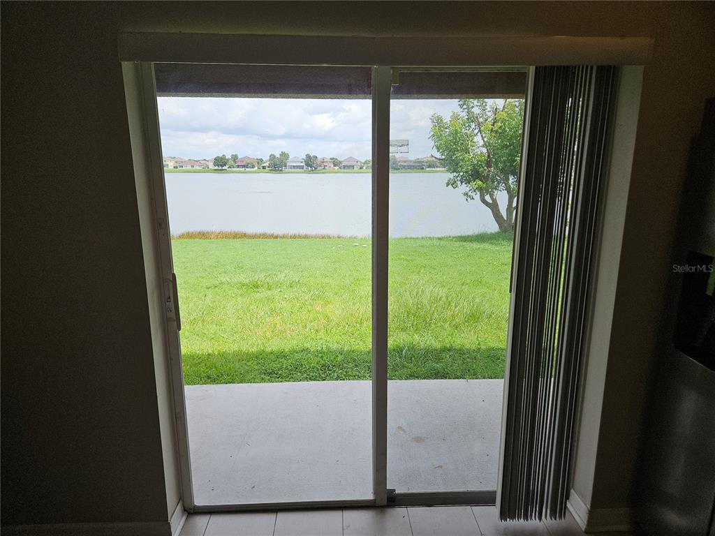 A sliding glass door offers a view of a grassy lawn and a lake — 31123 MASENA DRIVE, WESLEY CHAPEL, FL