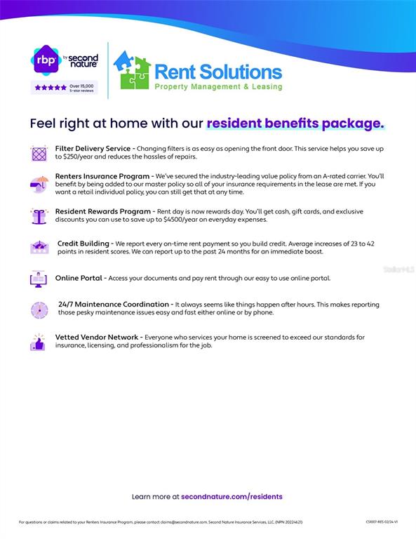 This is an informational flyer detailing the benefits of a resident package for property management — 31123 MASENA DRIVE, WESLEY CHAPEL, FL