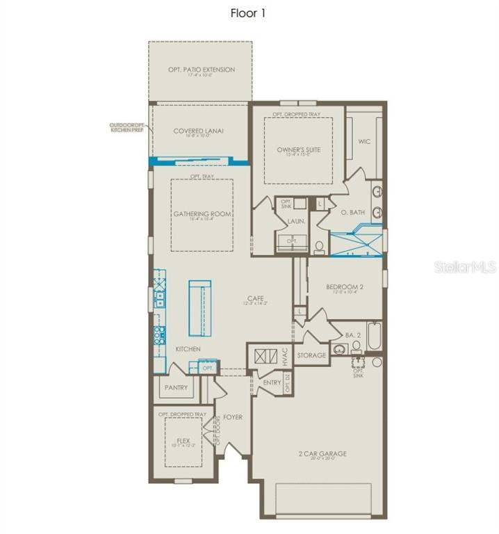 This is a floor plan for a single-story home featuring two bedrooms, a garage, and lanai — 6323 DEW DROP LOOP, ST CLOUD, FL