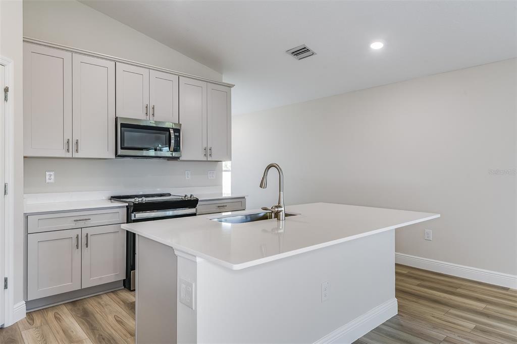 A kitchen features light gray cabinets, a white quartz island with a sink, and wood-look flooring — 6085 SW 96TH PLACE, OCALA, FL