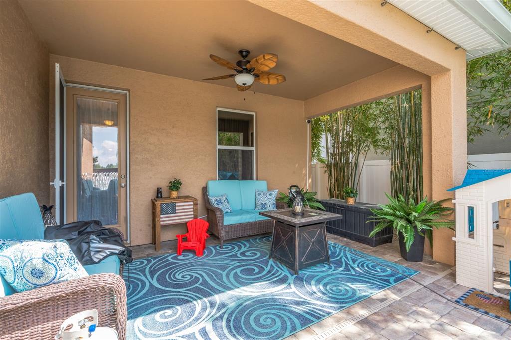 A covered patio features wicker furniture, a fire pit, a blue rug, and bamboo plants — 32630 COLDWATER CREEK LOOP, WESLEY CHAPEL, FL