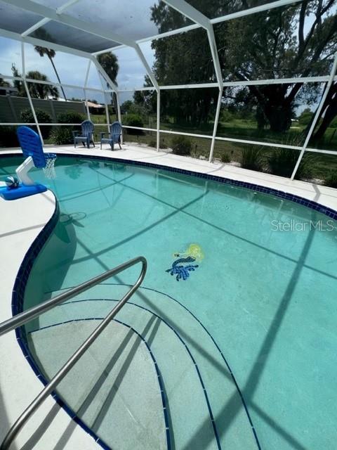 A screened-in swimming pool features a basketball hoop, a mermaid mosaic, and a metal handrail — 7328 CURTISS AVENUE, SARASOTA, FL