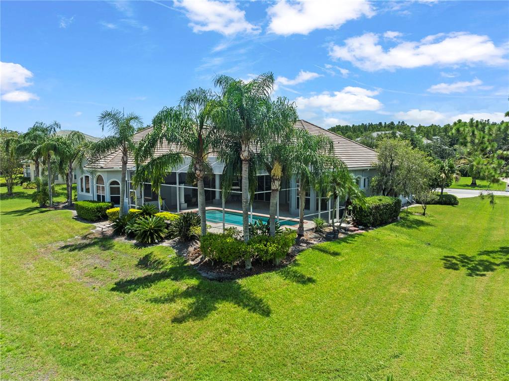 An aerial view of a house with a screened-in pool and palm trees — 4529 CHEVAL BOULEVARD, LUTZ, FL