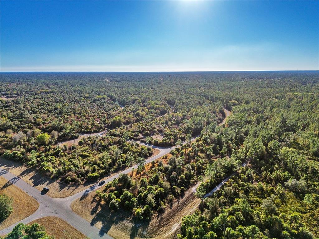 An aerial view shows a paved road intersection surrounded by dense forest and scrubland — SILVERLEAF ROAD, NORTH PORT, FL