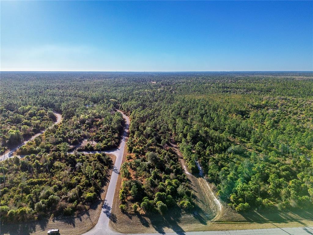 An aerial view shows a paved road intersecting through a dense, wooded, undeveloped landscape — SILVERLEAF ROAD, NORTH PORT, FL