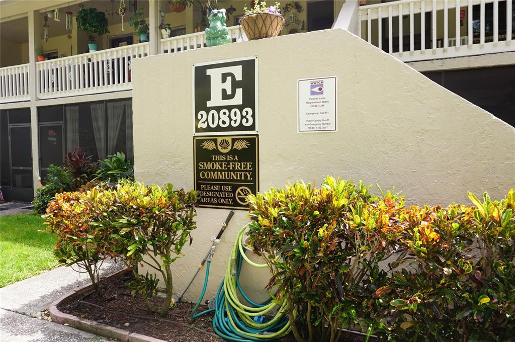 A beige exterior wall features a building identification sign, a smoke-free notice, and landscaping — 20893 HAULOVER COVE UNIT E8, LUTZ, FL