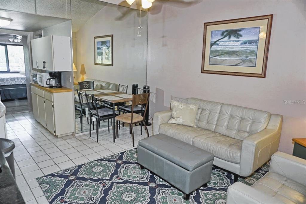 A living room and dining area feature a tiled floor, mirrored wall, and light-colored sofa — 20893 HAULOVER COVE UNIT E8, LUTZ, FL