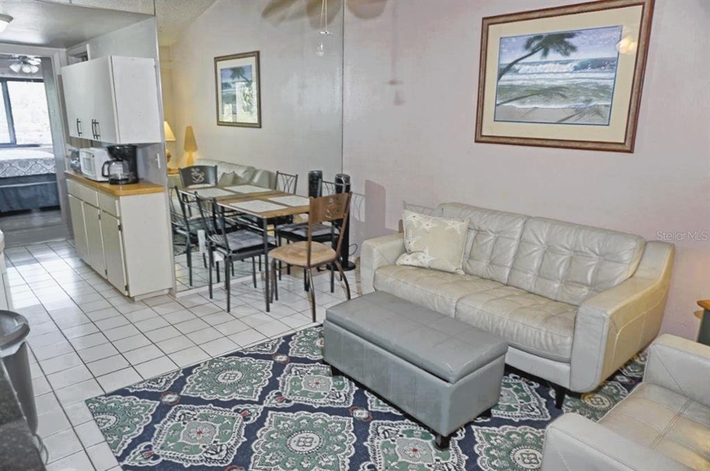 A living room with a sofa, ottoman, dining table, and a mirrored wall — 20893 HAULOVER COVE UNIT E8, LUTZ, FL