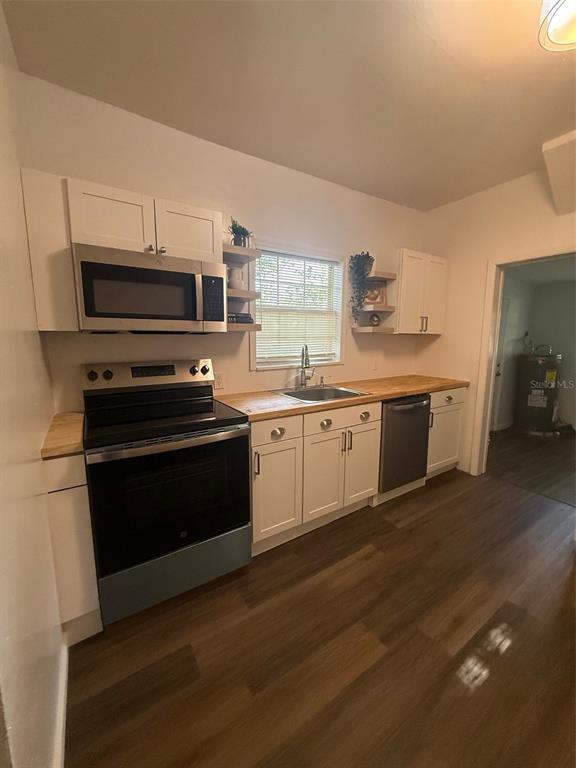 A kitchen features white cabinets, stainless steel appliances, wood countertops, and wood-look flooring — 1210 E 32ND AVENUE, TAMPA, FL