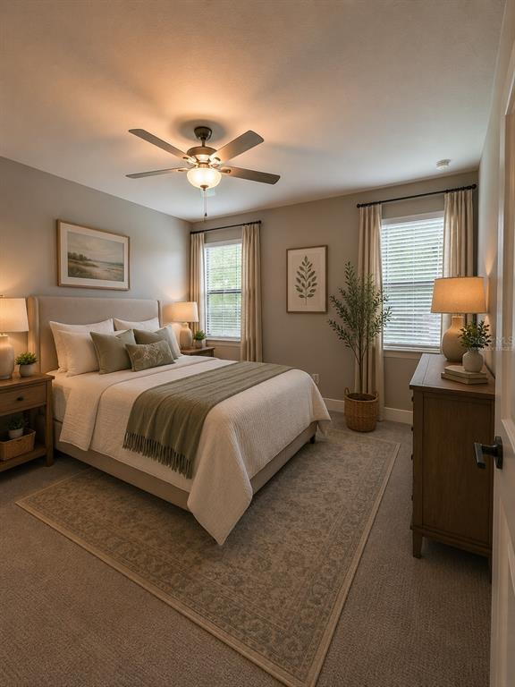 A bedroom features a queen bed, two nightstands, a dresser, and a ceiling fan — 5601 SUMMIT VIEW DRIVE, BROOKSVILLE, FL