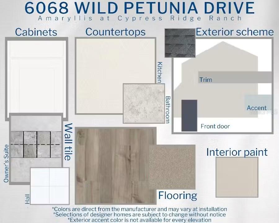This design board displays material and color selections for home cabinets, countertops, flooring, and exterior — 6068 WILD PETUNIA DRIVE, WIMAUMA, FL