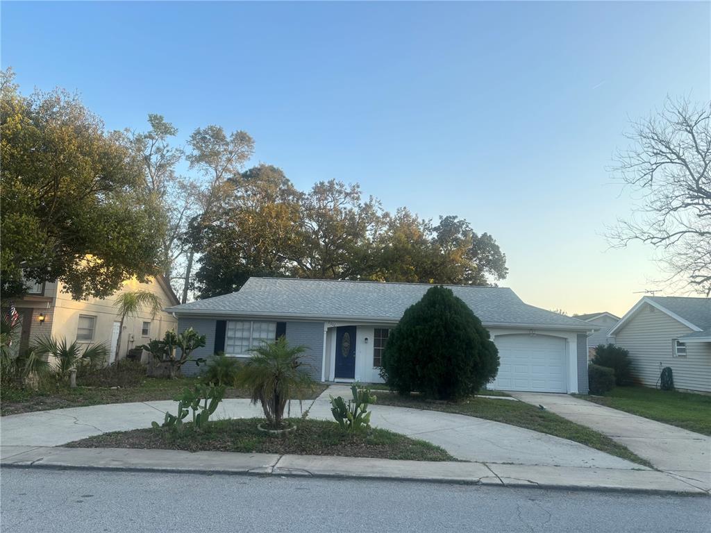 A single-story house with a gray exterior, a blue front door, and a concrete driveway — 8302 SPLIT RAIL LANE, HUDSON, FL