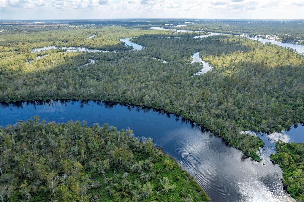 An aerial view shows a dark, winding river flowing through a dense, green forested landscape — SW CO ROAD 761 UNIT A, ARCADIA, FL