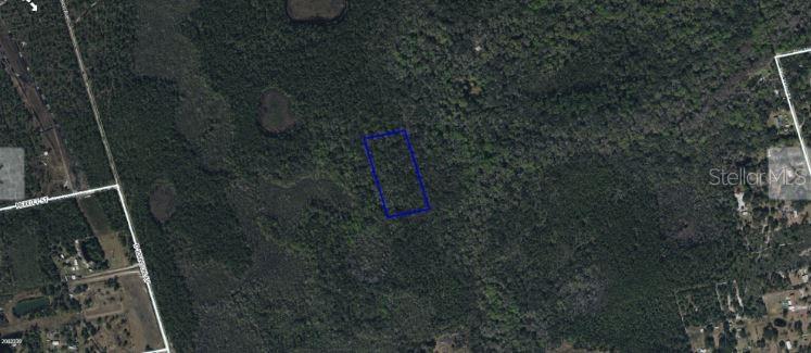 An aerial map view shows a rectangular plot of land outlined in blue amidst forest — INDIAN RIVER PARK, MIMS, FL