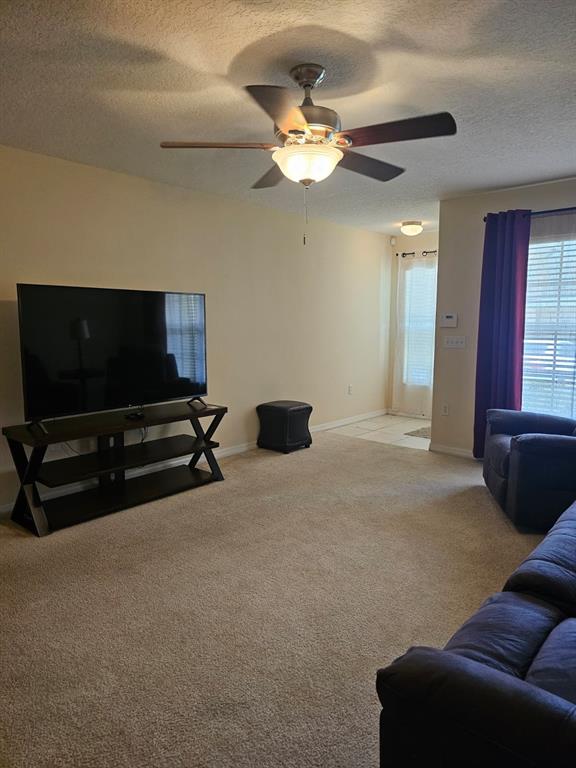 A living room features beige carpet, a ceiling fan, a television on a stand, and seating — 5408 QUARRY ROCK ROAD, LAKELAND, FL