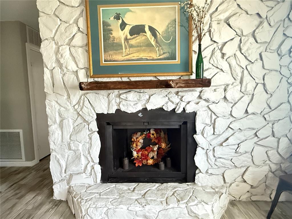 A fireplace with a white stone surround and a natural wood mantel features a dog painting — 6809 NW 60TH STREET, OCALA, FL