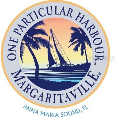 This is a circular logo for One Particular Harbour Margaritaville featuring a sailboat and palms — 384 ARUBA CIRCLE UNIT 102, BRADENTON, FL