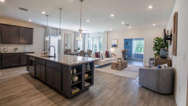 A modern open-concept kitchen with dark cabinets and a large island overlooks a living area — 31530 WILD GRAPE LANE, BROOKSVILLE, FL