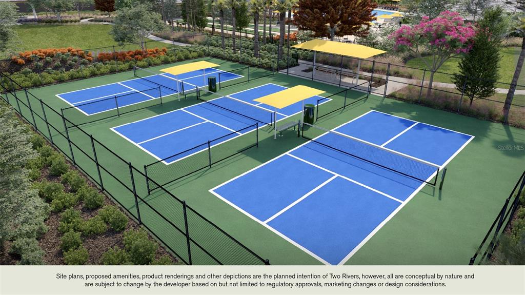 This rendering shows three outdoor pickleball courts enclosed by a black chain-link fence — 36559 THORNHEDGE DRIVE, ZEPHYRHILLS, FL