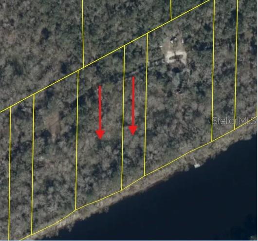 This is an aerial map showing several wooded waterfront lots outlined in yellow — 893 NE 930 STREET, OLD TOWN, FL