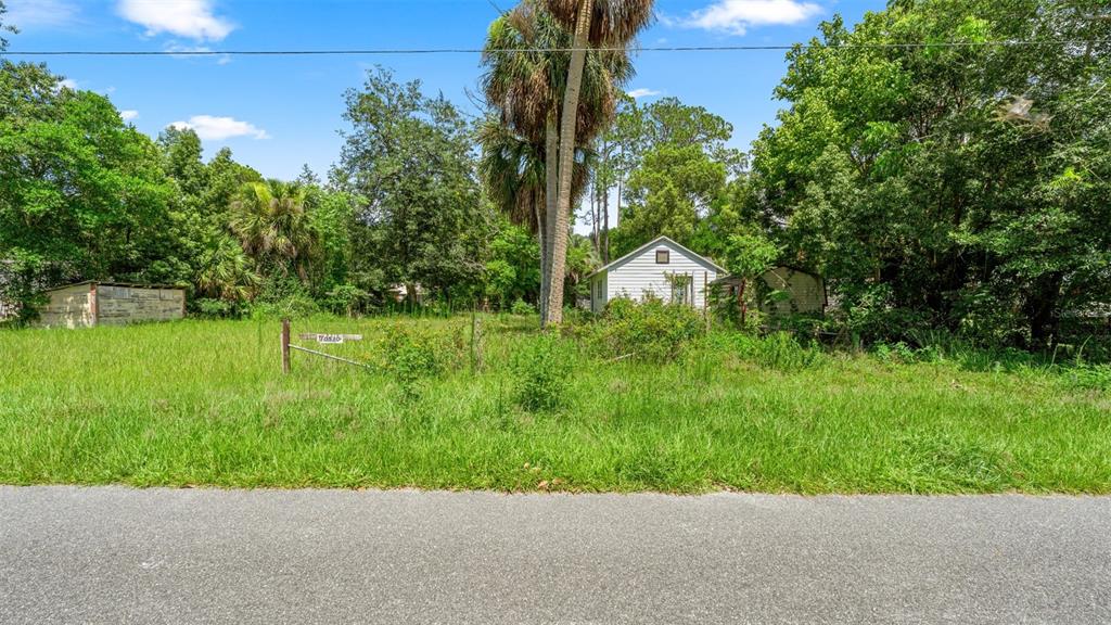 A grassy, overgrown vacant lot features a small white house and a shed in back — 10085 PLUM STREET, HAMPTON, FL