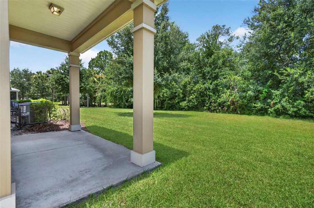 A concrete patio overlooks a grassy backyard bordered by dense trees and foliage — 93 BELLA VITA WAY, ORMOND BEACH, FL