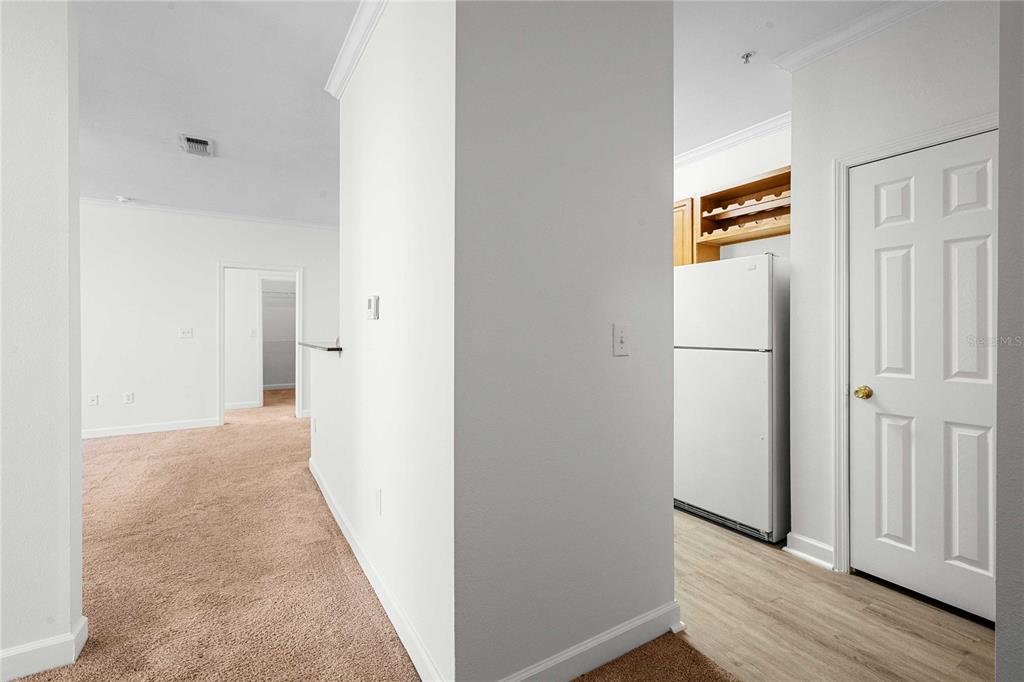 A view from a carpeted hallway into a kitchen with a white refrigerator and pantry — 18525 BRIDLE CLUB DRIVE UNIT 18525, TAMPA, FL