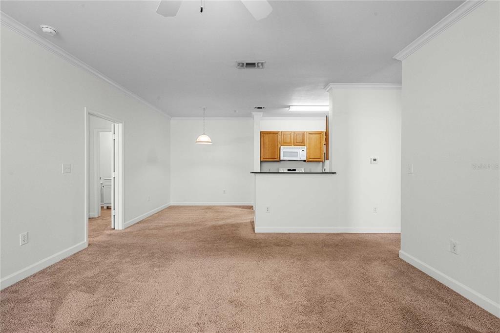 An open-concept living area features beige carpeting, a breakfast bar, and a view into the kitchen — 18525 BRIDLE CLUB DRIVE UNIT 18525, TAMPA, FL