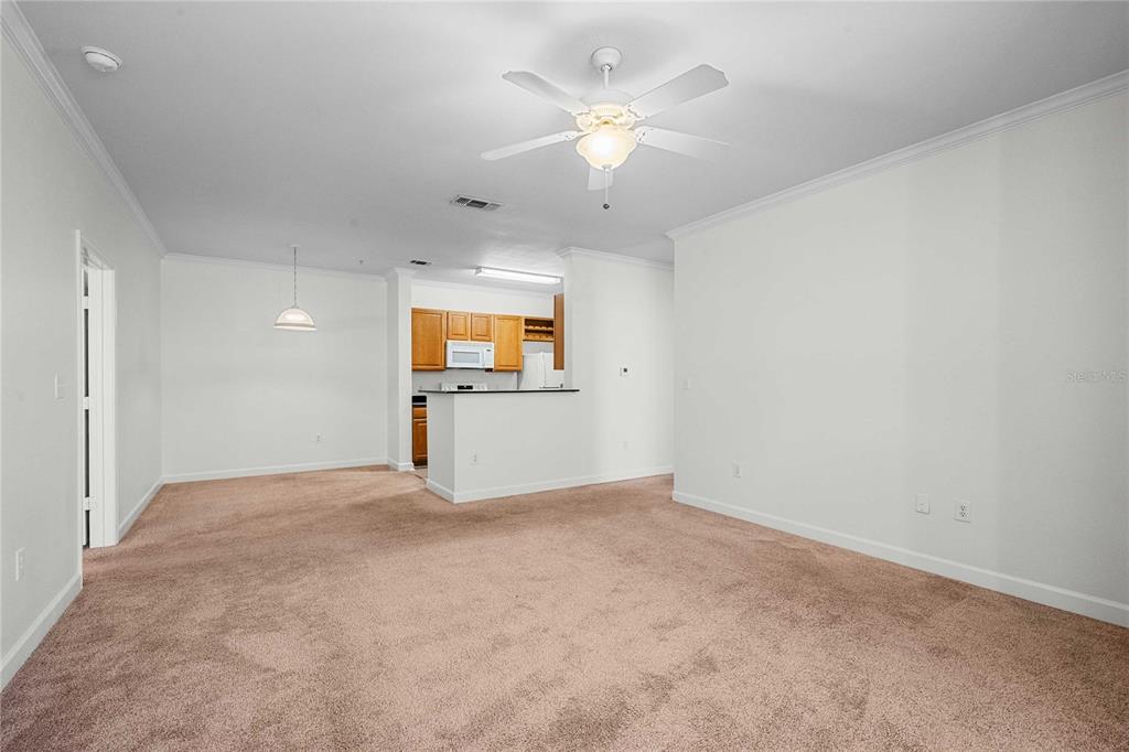 An open-concept living room with beige carpet, a ceiling fan, and an adjacent kitchen area — 18525 BRIDLE CLUB DRIVE UNIT 18525, TAMPA, FL