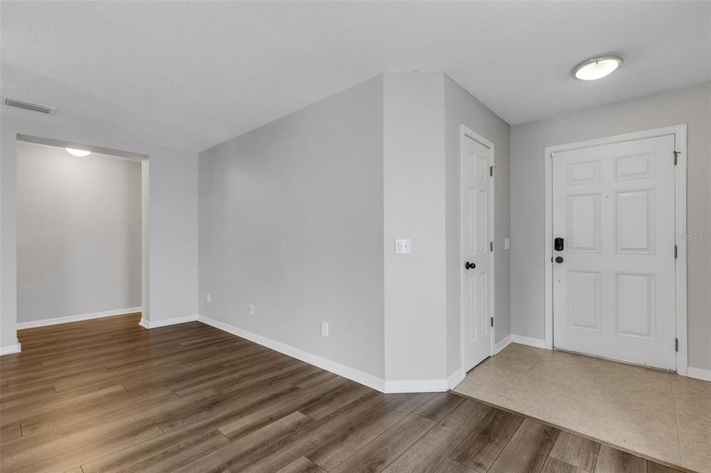 An entryway with light gray walls, wood-look flooring, a white door, and a small closet — 11136 GOLDEN SILENCE DRIVE, RIVERVIEW, FL