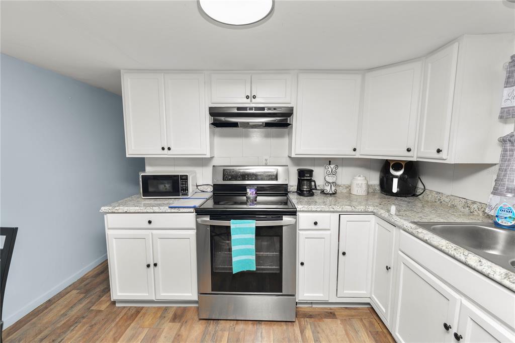 A kitchen features white cabinets, stainless steel appliances, and speckled granite countertops — 1111 S TERRY AVENUE, LAKELAND, FL